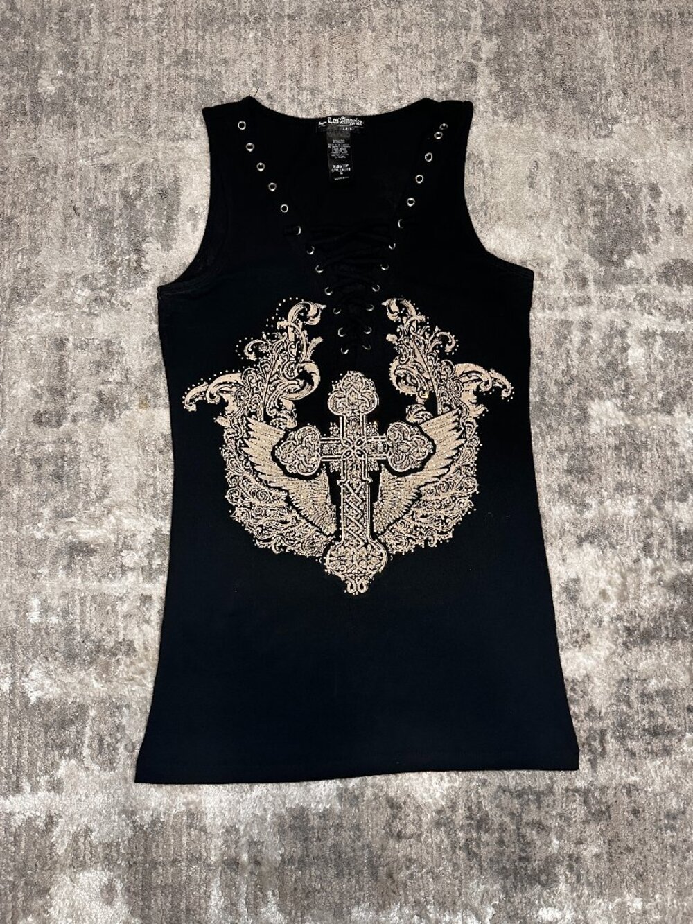 Y2K From Los Angeles Rhinestone Bling Goth Cross V Neck Tank Top Women's Medium